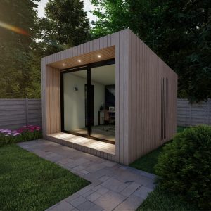 tuinkantoor van lichthout in een open achtertuin