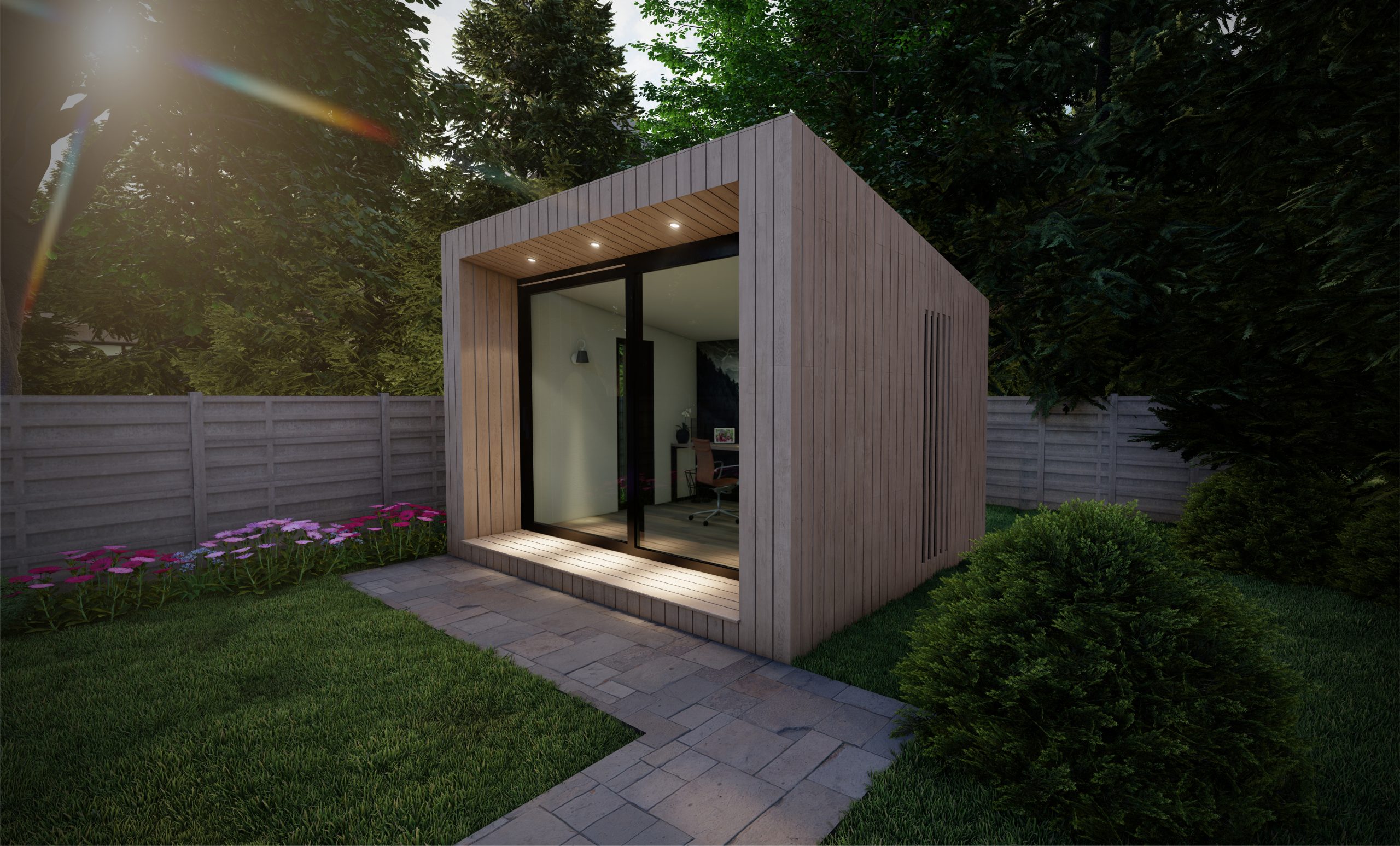 Pod #8 T tuinkantoor van lichthout in een open achtertuin